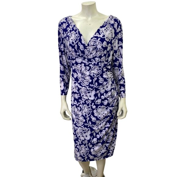 Lauren Ralph Lauren Faux Wrap Floral V-Neck Dress With 3/4 Sleeves 16 - Picture 1 of 8